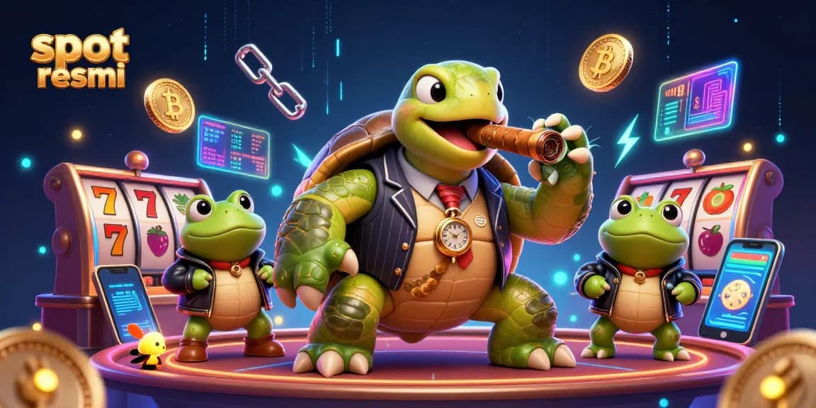 Spin the reels of slot resmi with a massive turtle mobster surrounded by casino lights.