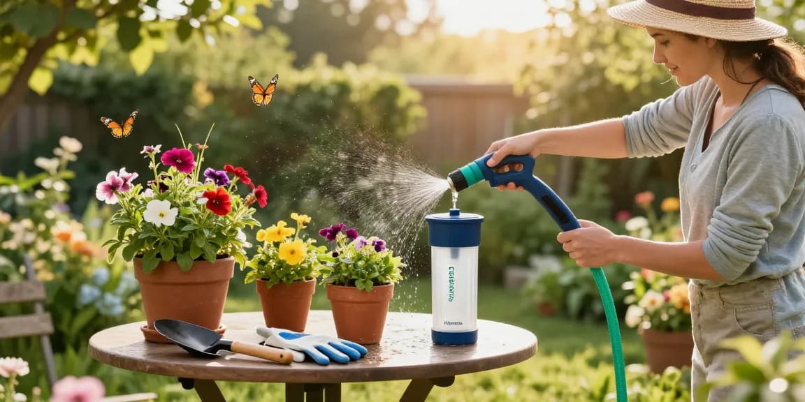 Gardener using the Filterlogic Garden Hose Water Filter to ensure healthy plants in a vibrant backyard.