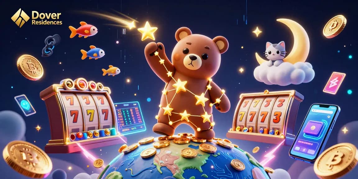 Dover Residences gleams as a 3D constellation bear collects slot coins in a vibrant casino-themed illustration.