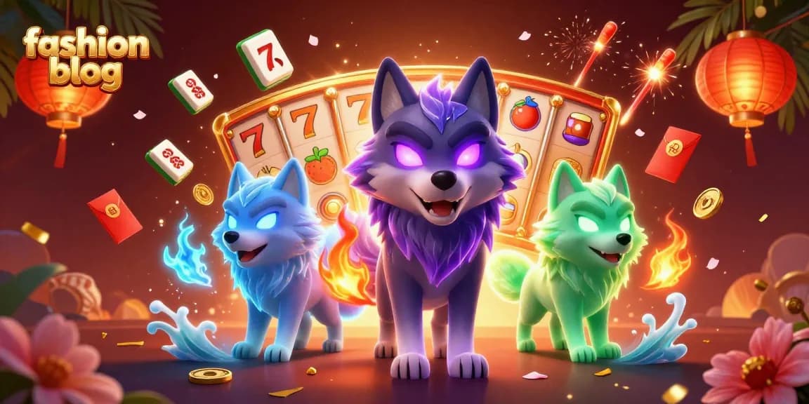 Vibrant fashion blog scene featuring captivating slot game elements and enchanting wolf characters.