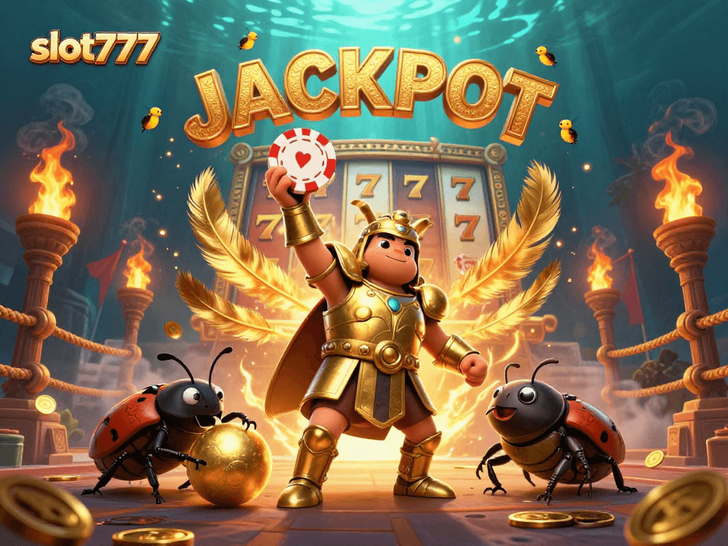 Play slots and hit big wins at slot777 with a victorious beetle and exciting elements in a dynamic casino scene.