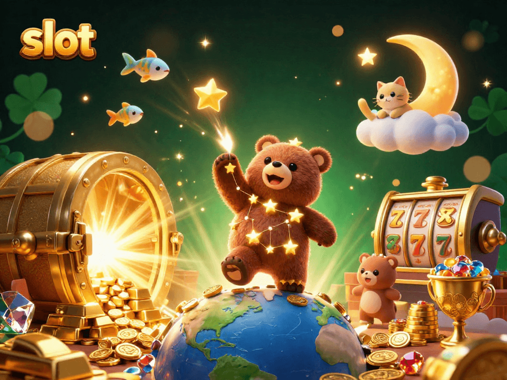 Engage in slot adventures with a constellation bear and lucky treasures in a vibrant casino scene.