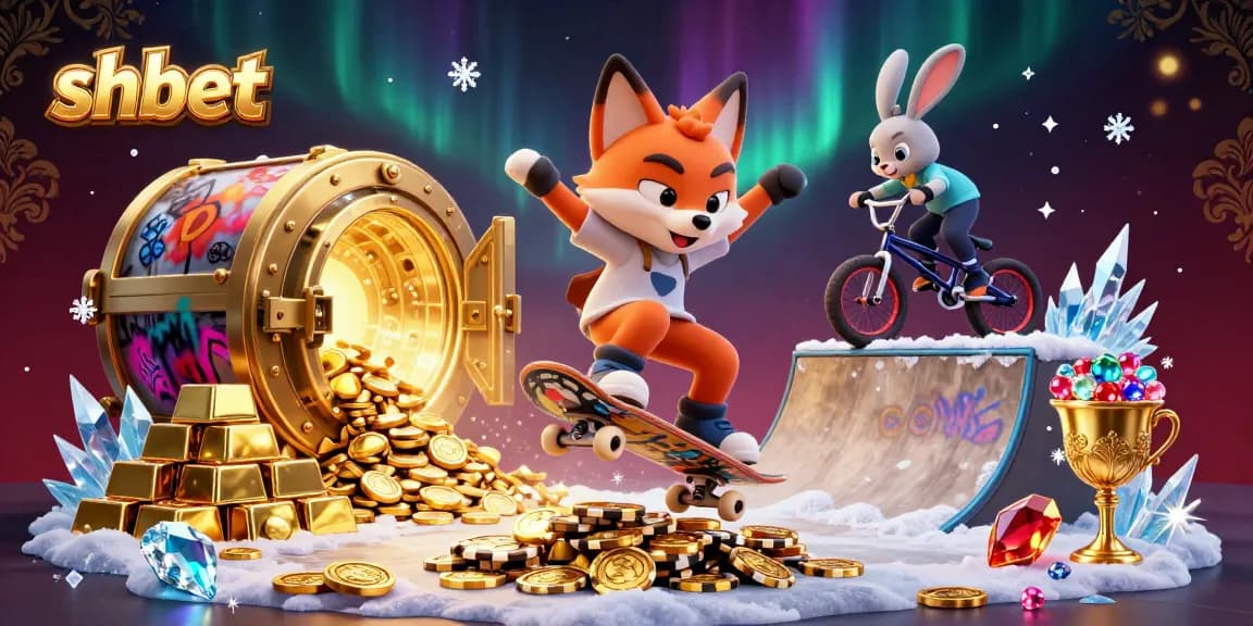 Experience the thrill of shbet with a vibrant 3D scene of a skateboarder fox and BMX rabbit among stacked poker chips.