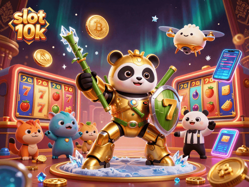 Engage with the slot 10k experience, featuring a panda in a mech-suit amid vibrant casino excitement.