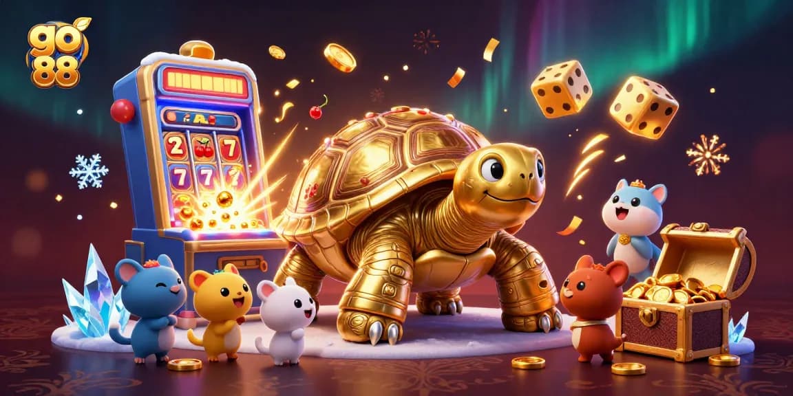 Engage in the go 88 casino experience with lively slot machines and a playful golden tortoise.
