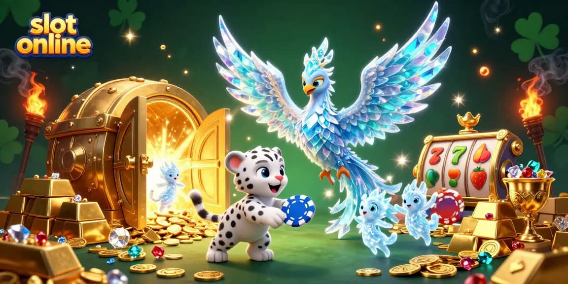 Engage with slot online adventures featuring a vibrant scene of an ice phoenix and treasures.