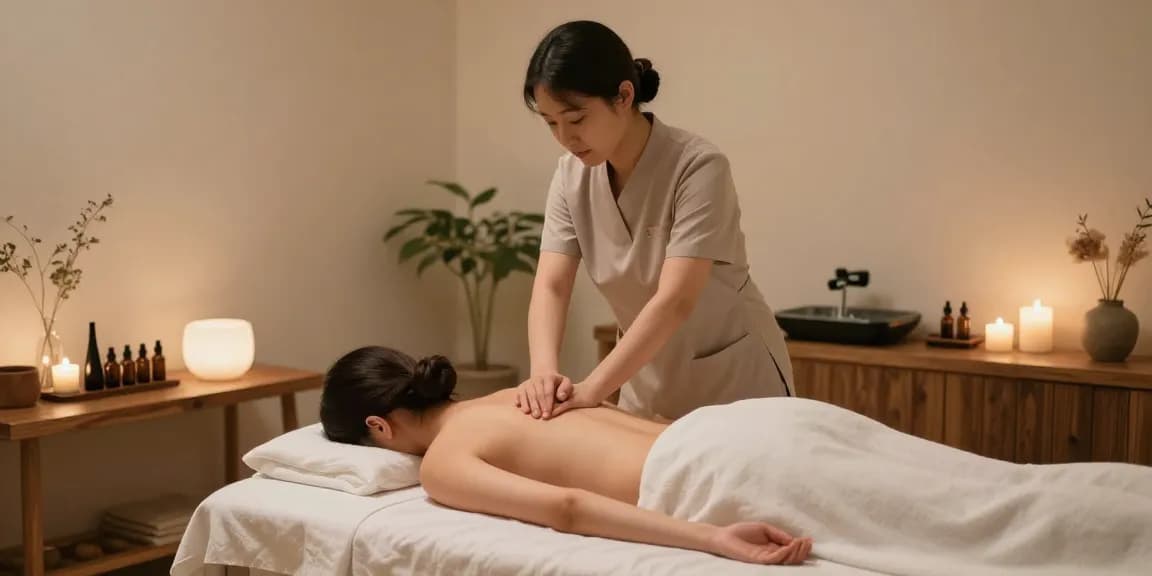 Relaxing 창원마사지 session in a serene spa room, with a therapist providing Swedish massage.