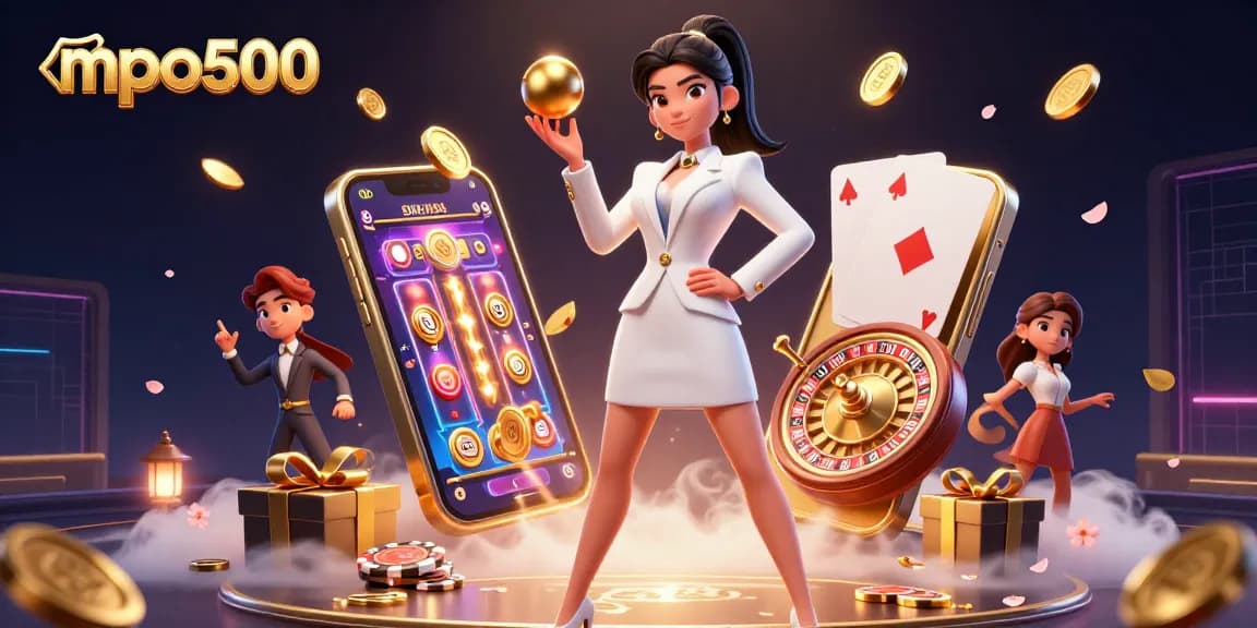 Experience the excitement of mpo500 with a glamorous casino scene featuring slots, golden roulette, and vibrant game elements.