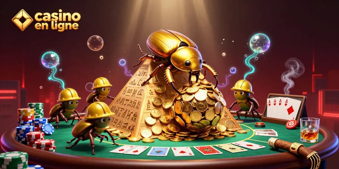 Jouer à des jeux au casino en ligne avec une scène dynamique de coléoptères dorés.