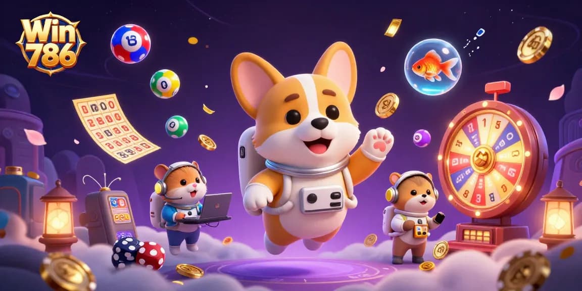 Win 786 connects players in a vibrant casino scene with an astronaut corgi, hamster, and goldfish