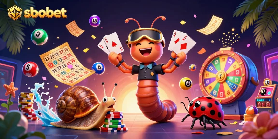 Playing cards and excitement surround sbobet's colorful lottery scene with vibrant characters.