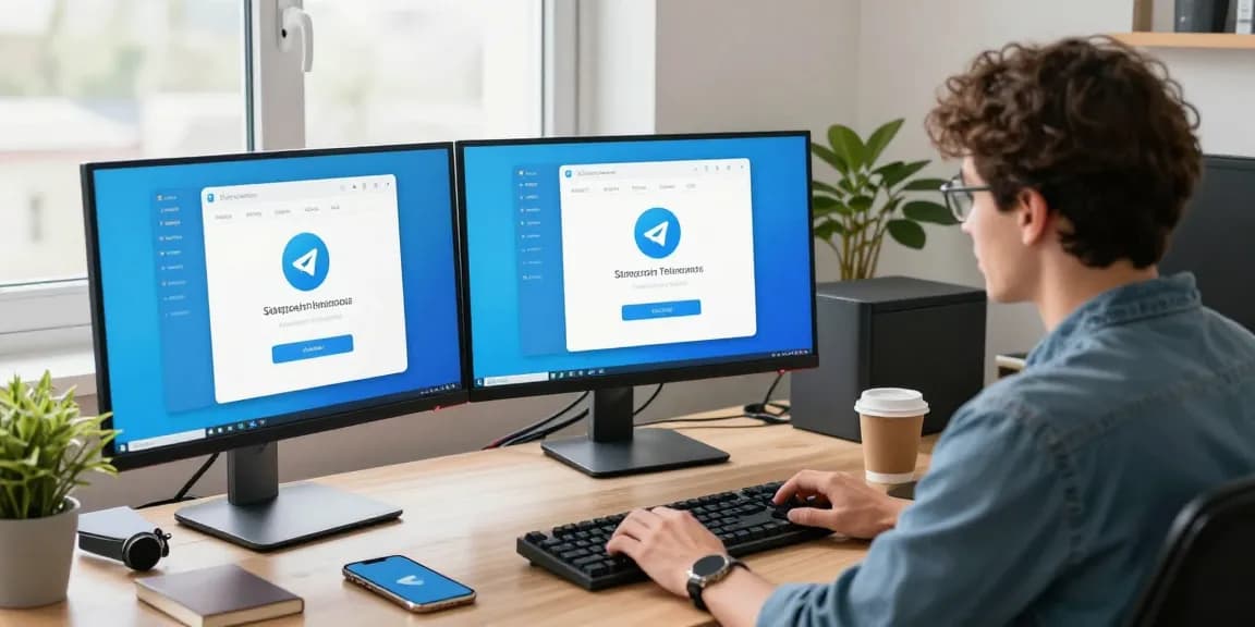 Tech workspace showcasing the Telegram中文版 interface on dual monitors, creating a productive atmosphere for communication.