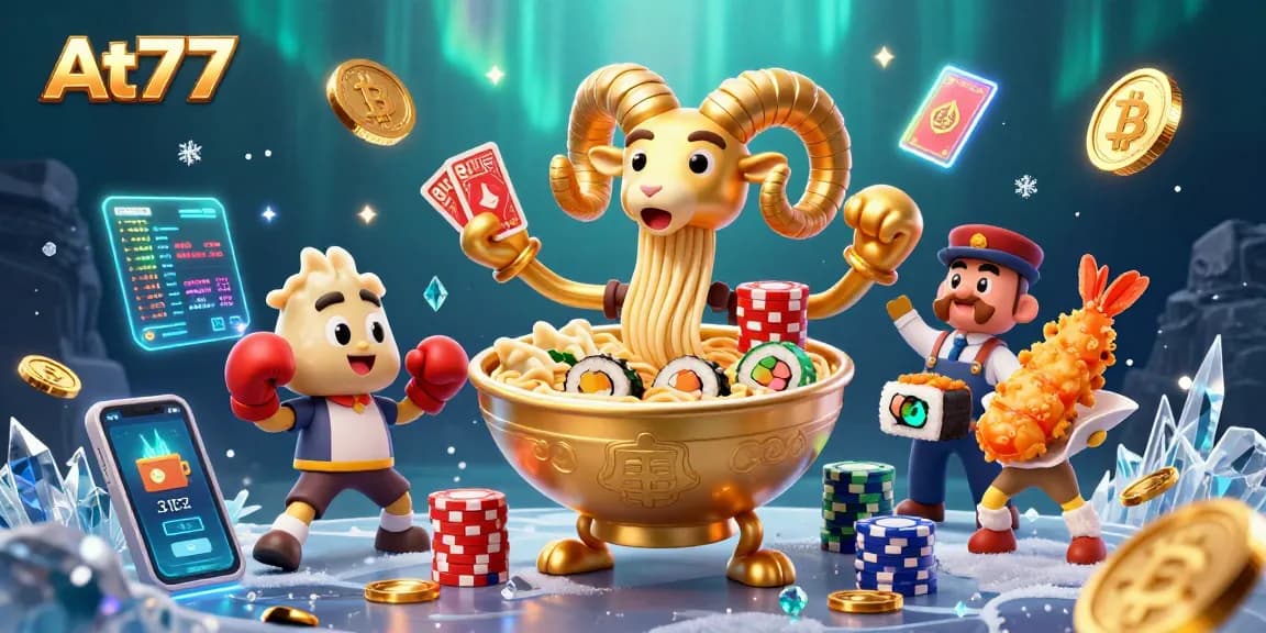 Experience the excitement of At77 with a dynamic 3D casino scene featuring vibrant characters and crypto elements.