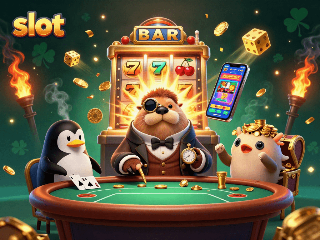 Spin the slot machine with vibrant symbols as a jolly walrus plays poker underwater with friends.