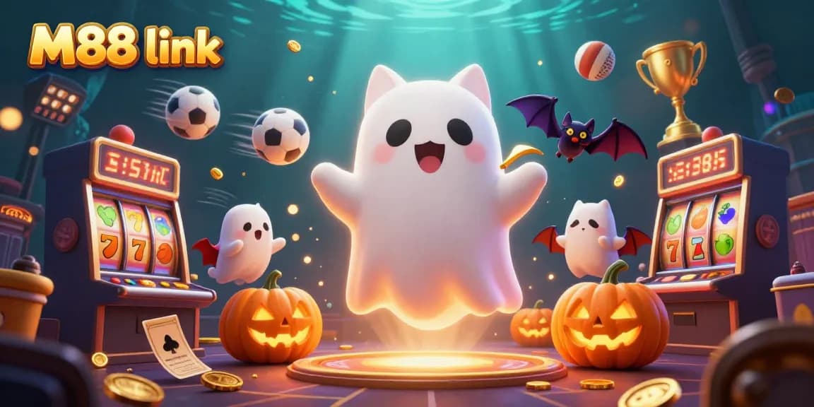 Engage in thrilling games with M88 link while the ghost cat and bat explore an enchanted casino.
