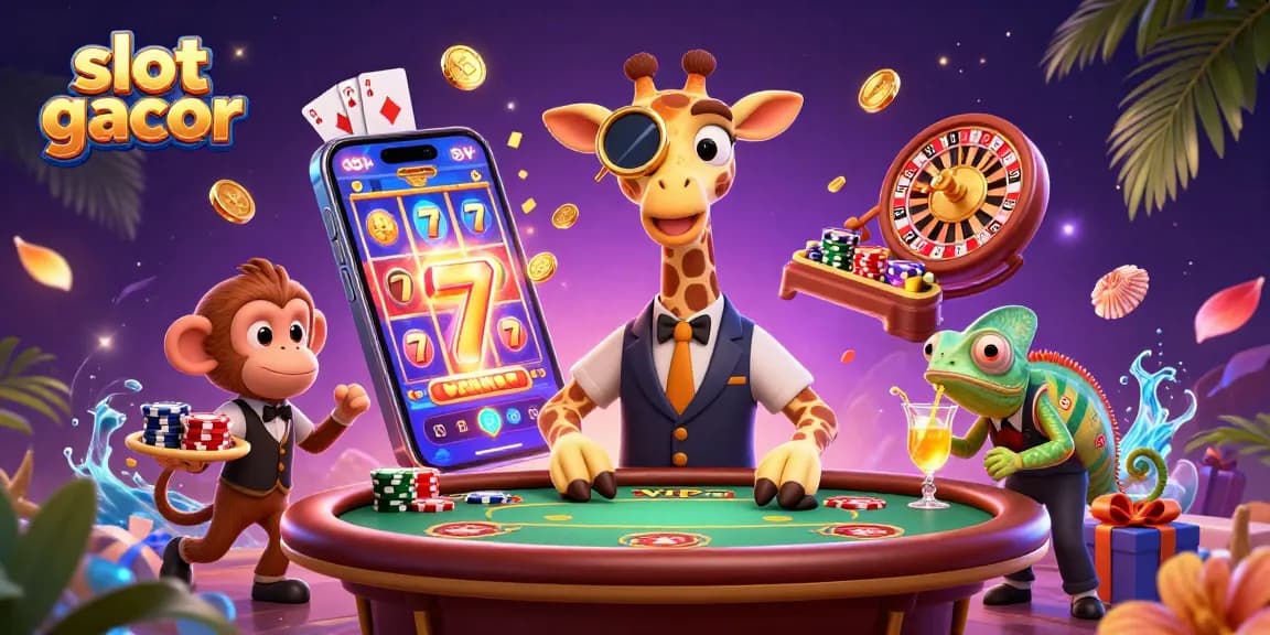 Experience slot gacor excitement with a vibrant casino illustration featuring a high-roller giraffe and dynamic elements.