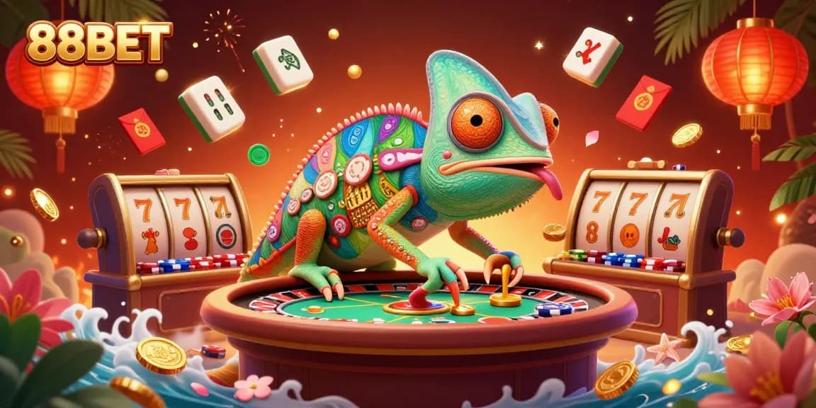 Experience the excitement at 88BET with this vibrant casino scene showcasing action and game elements around a colorful chameleon owner.