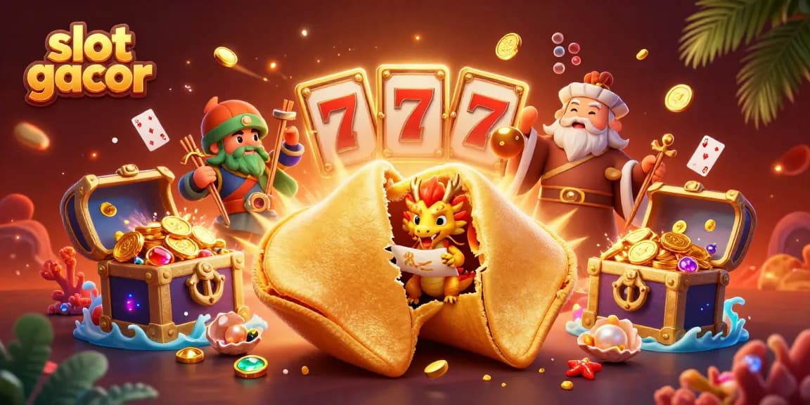 Engage in thrilling slot gacor adventures with vibrant scenes featuring golden fortune symbols and casino elements.