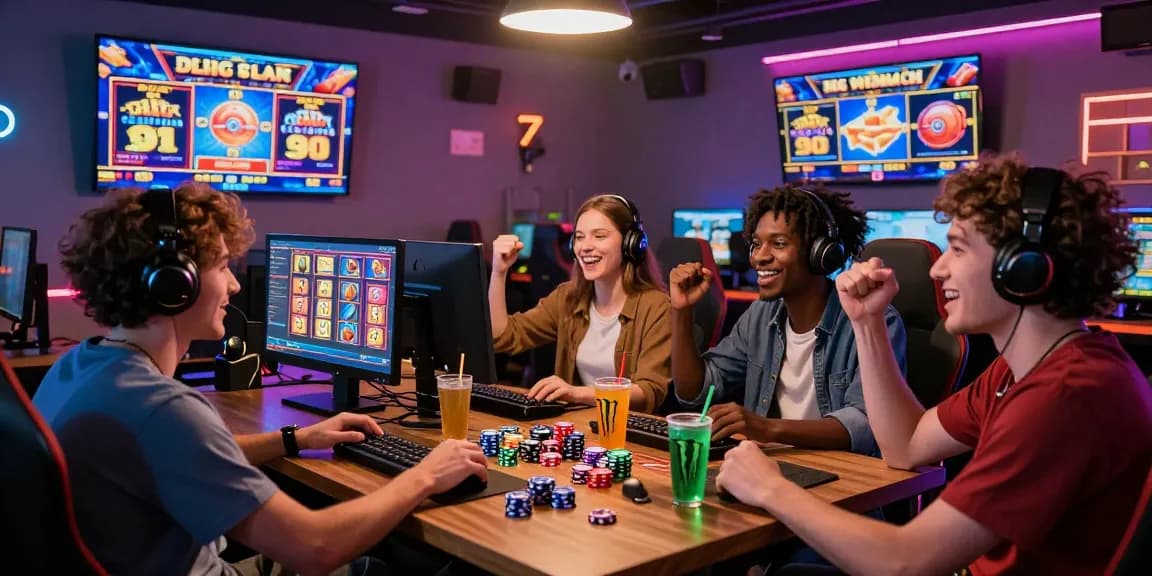 Exciting group enjoying slot deposit 5000 gaming session with vibrant decor and interaction.