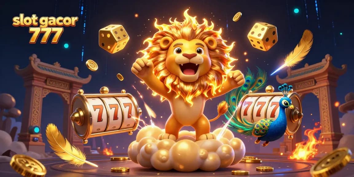 Melihat permainan slot gacor 777 dengan kartun singa dan dadu emas di tengah suasana kasino yang meriah.