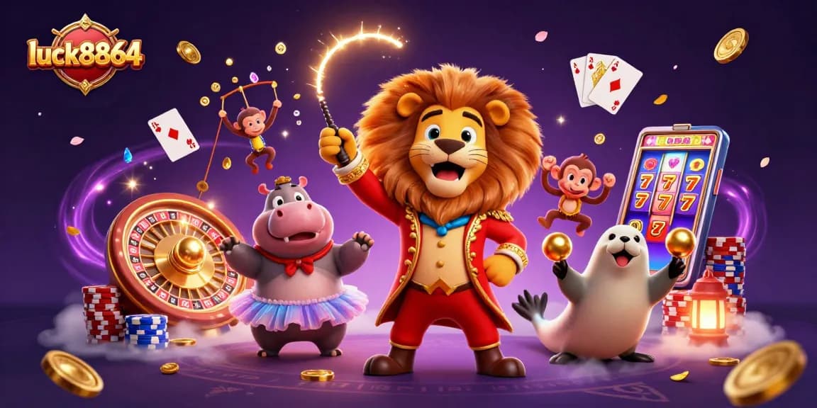 Experience luck8864 with vibrant casino characters and dynamic gaming elements in an engaging 3D illustration.