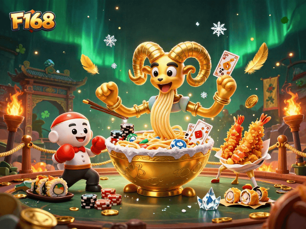 F168's vibrant 3D illustration showcases a giant ramen bowl dealer amidst a dynamic casino scene.