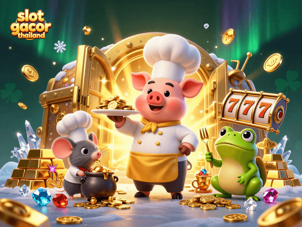 Experience slot gacor thailand with a vibrant 3D cartoon scene filled with gold coins, gems, and characters.
