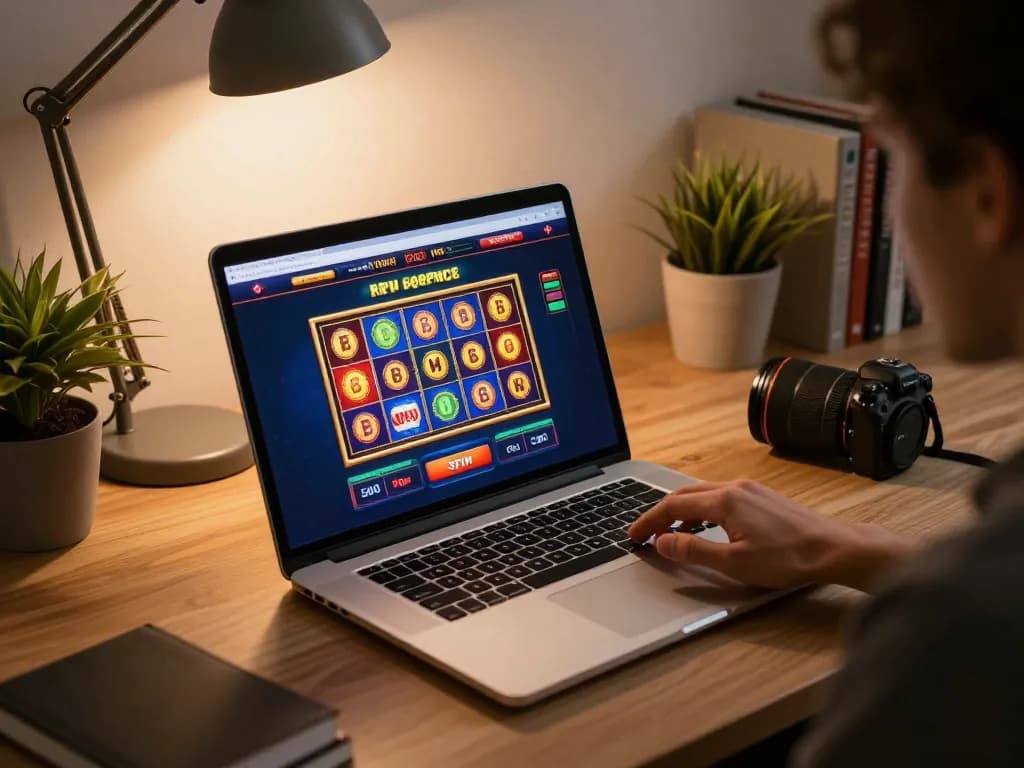 7hh online casino gameplay showing engaging slots action on a laptop in cozy home setting