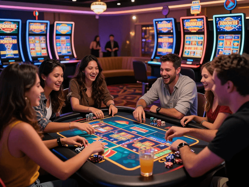 Friends enjoying a lively gambling experience with rokok88 slots in a vibrant casino setting
