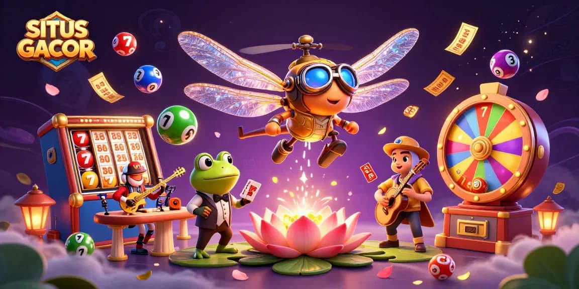 Engage with the dynamic action of SITUS GACOR featuring a dragonfly pilot, frog dealer, and vibrant casino elements.
