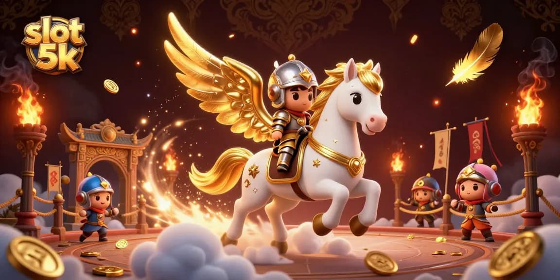 Experience slot 5k action with a celestial horse and armored knight amidst swirling gold coins.