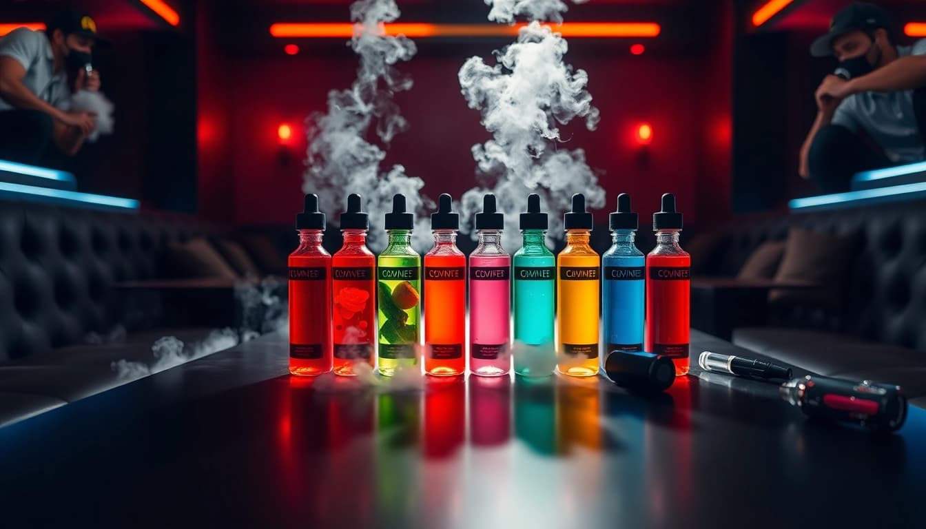 Showcase of Vape & E-Liquids with colorful bottles in a vapor-filled lounge setting.