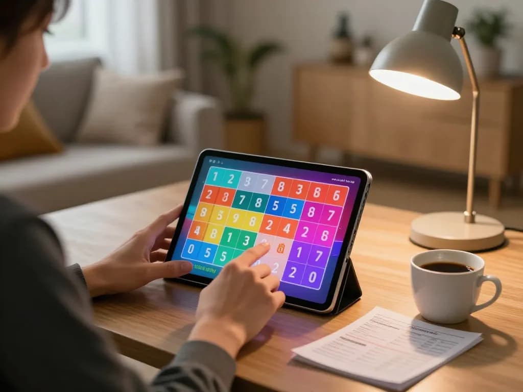 Engaged player analyzing Prediksi Jitu on a tablet while enjoying cozy home gambling.