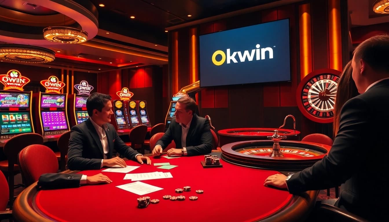 Engage with Okwin in a vibrant casino atmosphere filled with poker chips and slot machines.