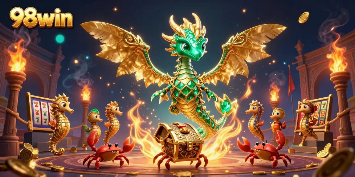 Engage with 98win’s spectacular casino adventure featuring a vibrant sea dragon and treasure elements.