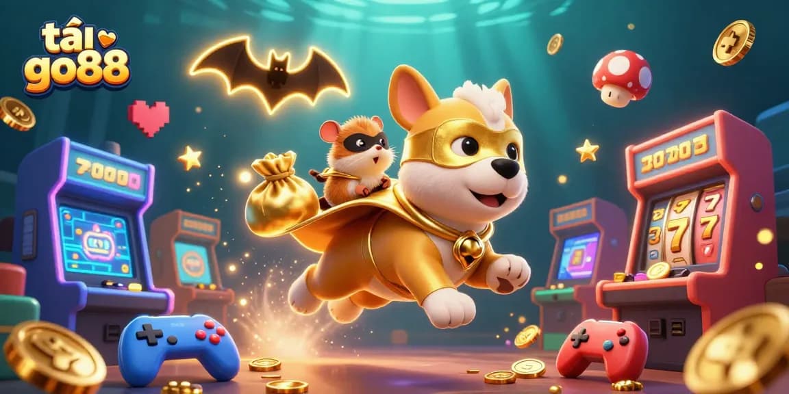 Play slots and win with tải go88 featuring a superhero dog and exciting casino elements in a vibrant scene.