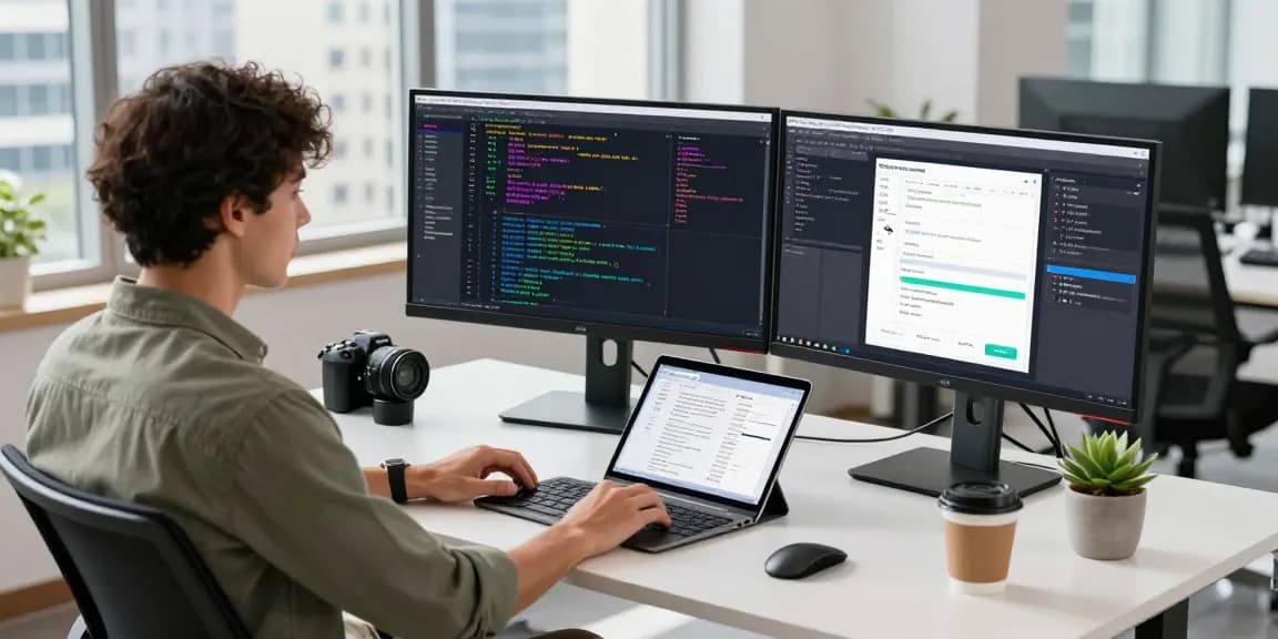 Developer coding on dual monitors at a sleek workspace, showcasing productivity and innovation for https://shs-dome5.com/.
