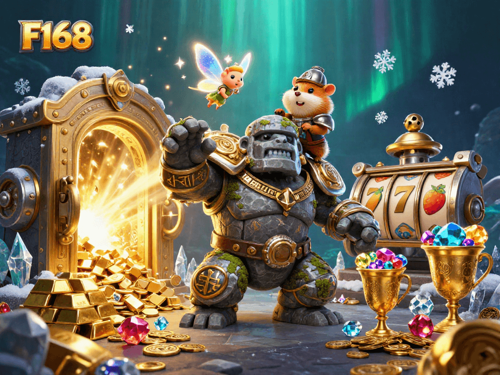 Engage with F168's thrilling adventure featuring a golem guardian and sparkling treasures in a casino-themed realm.