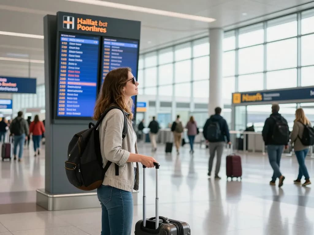 Cardiff Airport from Halifax traveler checking flight information and preparing for adventure.