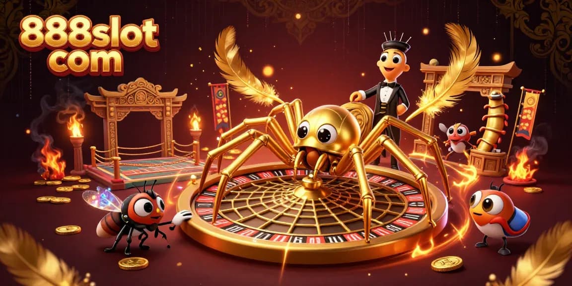 Experience thrilling gameplay at 888slot com with a vibrant casino scene featuring a golden spider and a centipede croupier.