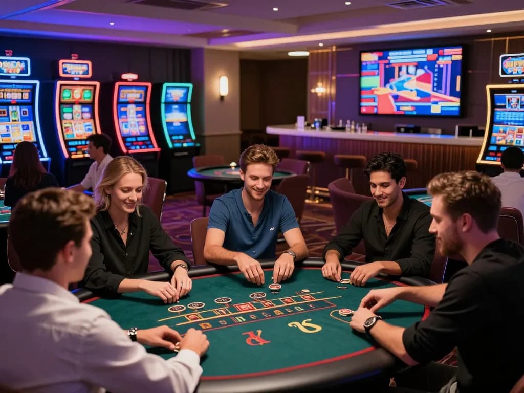Exciting gameplay at casino hubet88 with vibrant tables, players enjoying poker and slots.