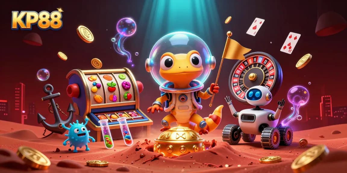 Engage with KP88's vibrant casino scene featuring dynamic gaming elements and alien characters.