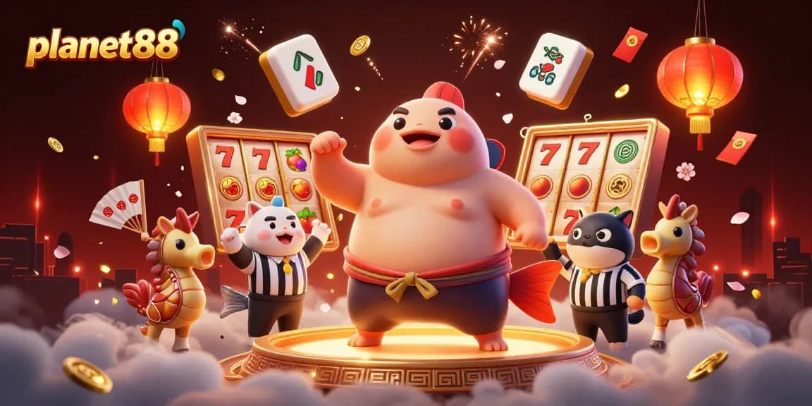 The scene depicts a vibrant casino environment showcasing planet88 with a 3D blowfish, referee catfish, and slot elements.