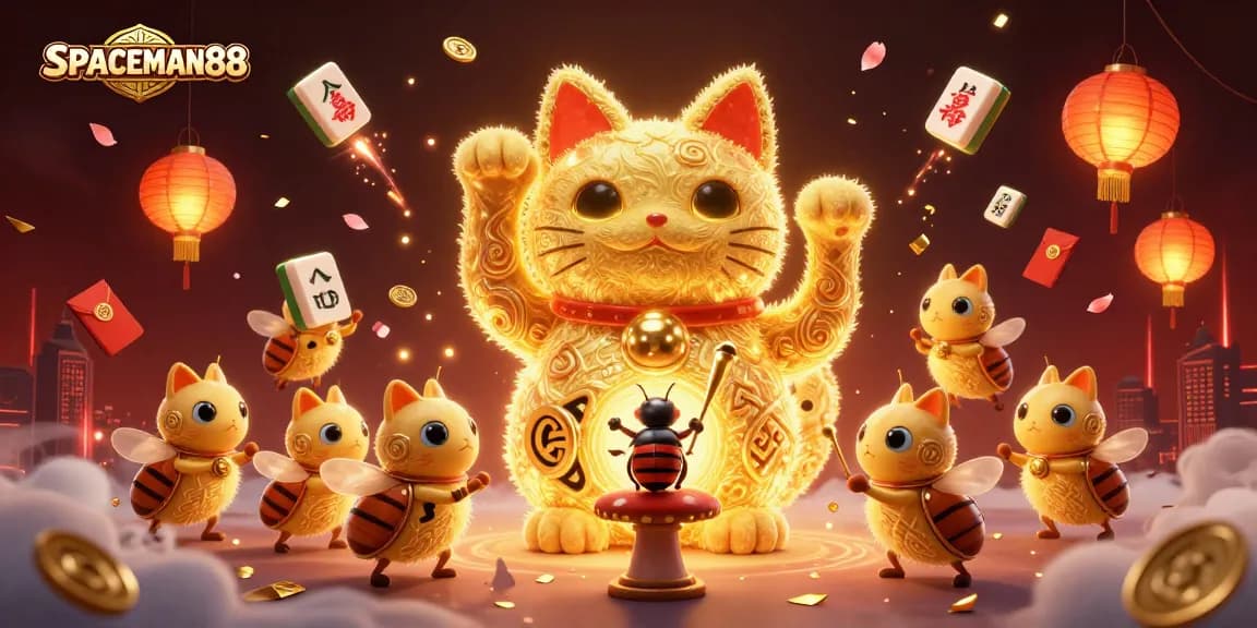 Experience the thrill of SPACEMAN88 with a dynamic scene featuring a lucky cat and vibrant casino symbols.
