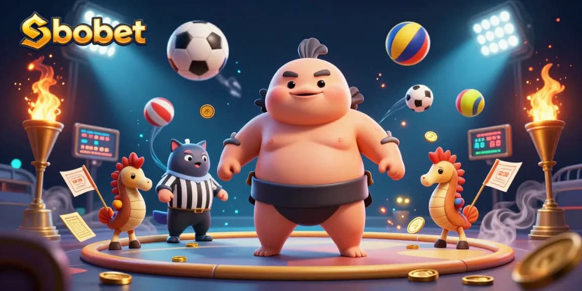 Simplified scene highlighting sbobet sports betting with a fugu and referee in action.