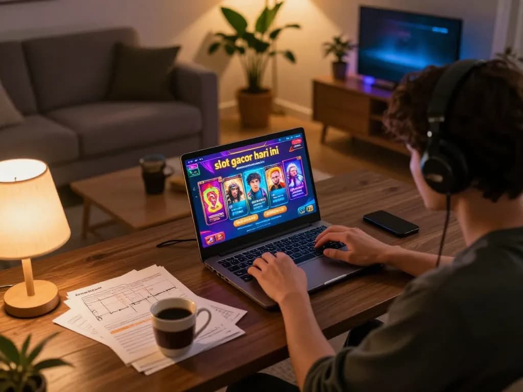 Engaging online gaming session featuring slots with "slot gacor hari ini" on screen, cozy home setup with strategy notes