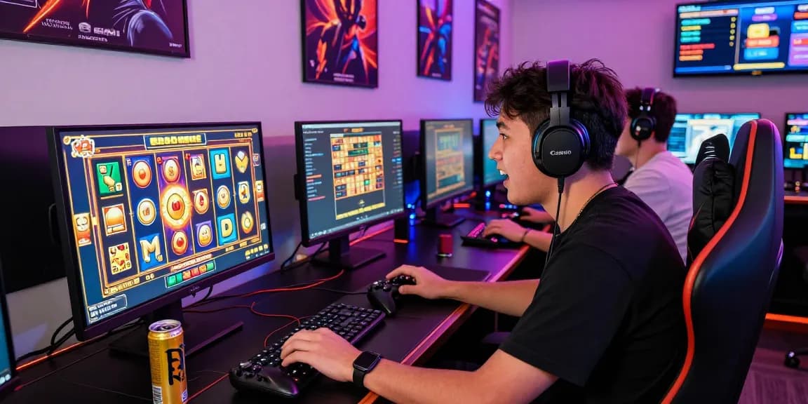 Player engaged in a slot gacor game, showcasing excitement and colorful visuals of online gambling.