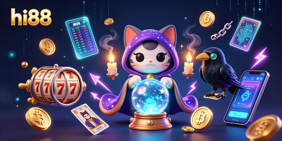 Play exciting casino games at hi88 with a vibrant scene filled with mystical characters and slot elements.
