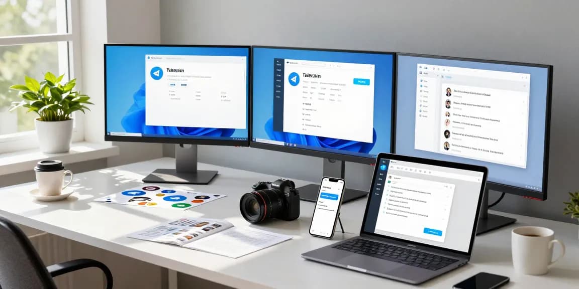 Explore telegram中文版 in a dynamic tech workspace with dual monitors and communication tools.
