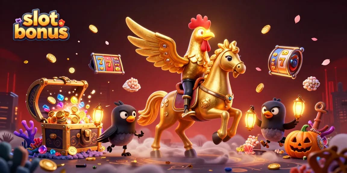 Discover winning strategies with slot bonus in a vibrant 3D casino scene featuring a golden rooster.